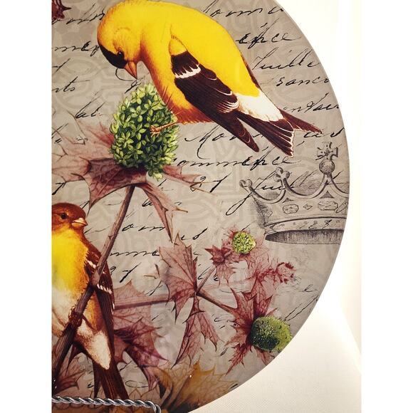 GLASS PLATTER-NOTIONS-"Goldfinch"-Ruffled Edges-Large 14" Diameter-Birds - Picture 5 of 13
